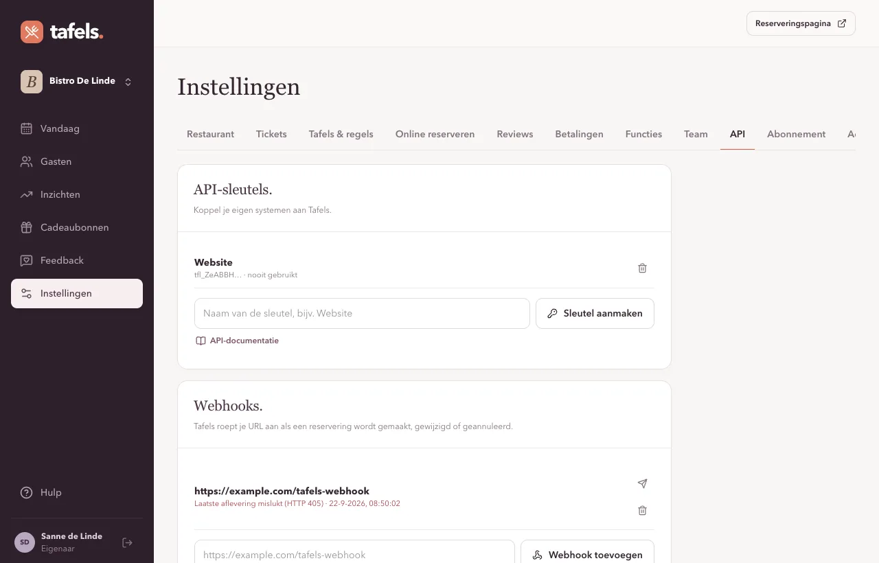 API-sleutels en webhooks bij Instellingen