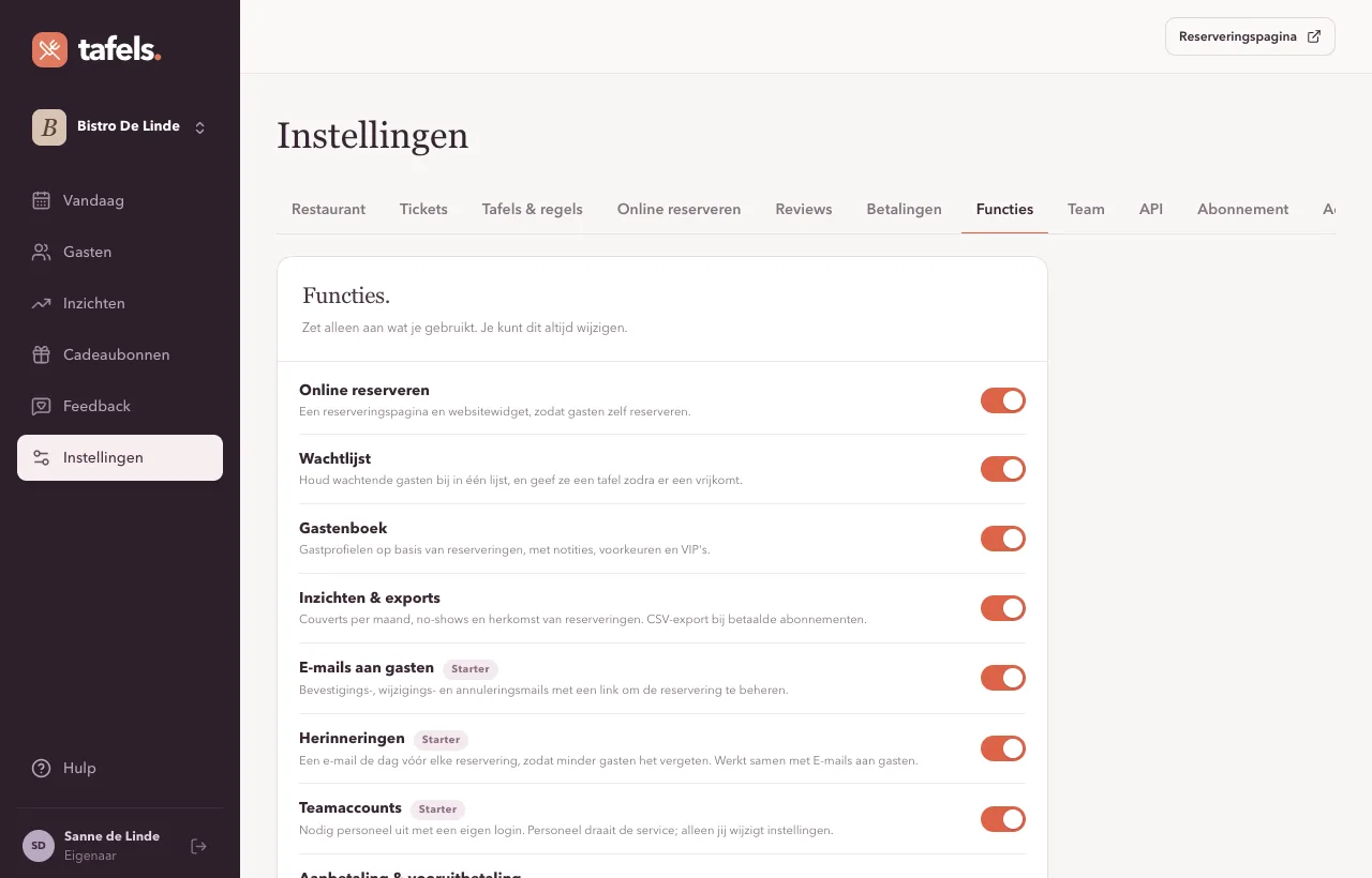 Instellingen → Functies
