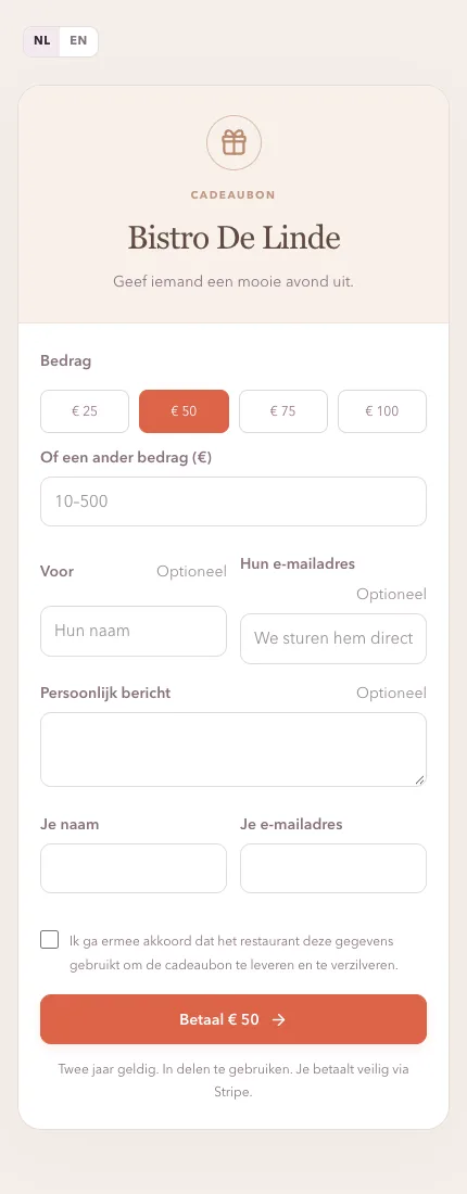 De cadeaubonpagina die gasten zien