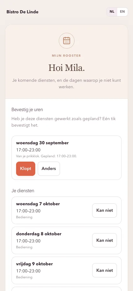 Je team heeft het rooster op de telefoon